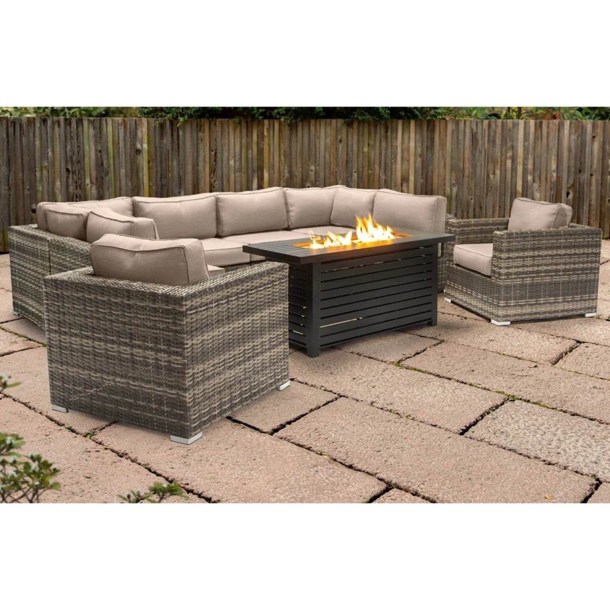 9 - Piece Outdoor Wicker Sectional Set With Fire Pit Table - Driftwood - Omega Lifestyles