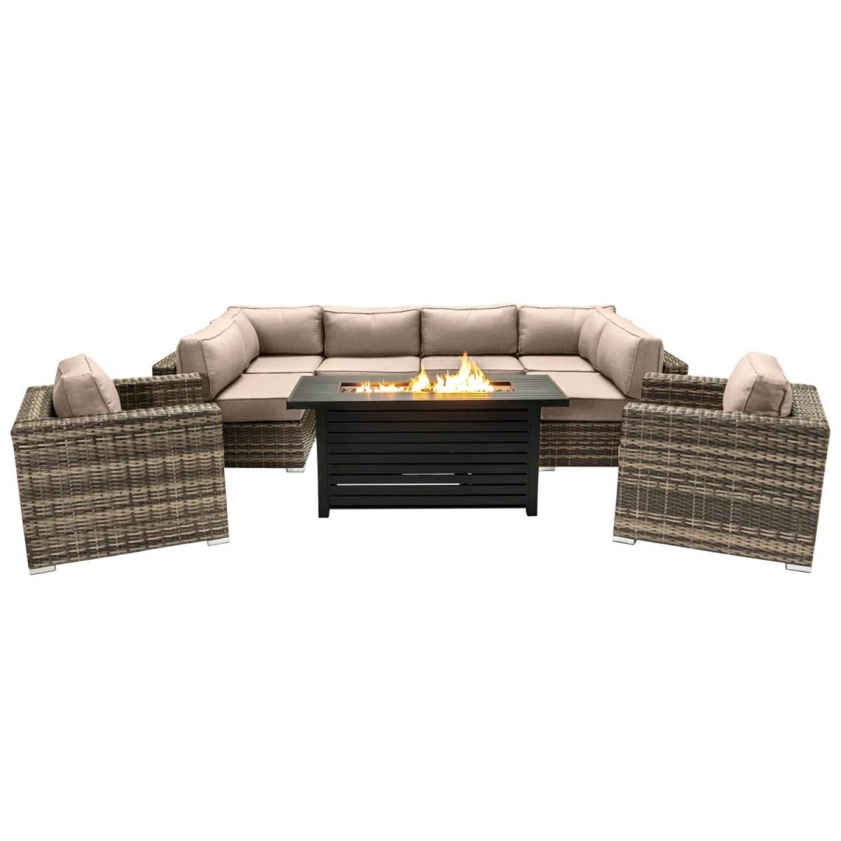9 - Piece Outdoor Wicker Sectional Set With Fire Pit Table - Driftwood - Omega Lifestyles