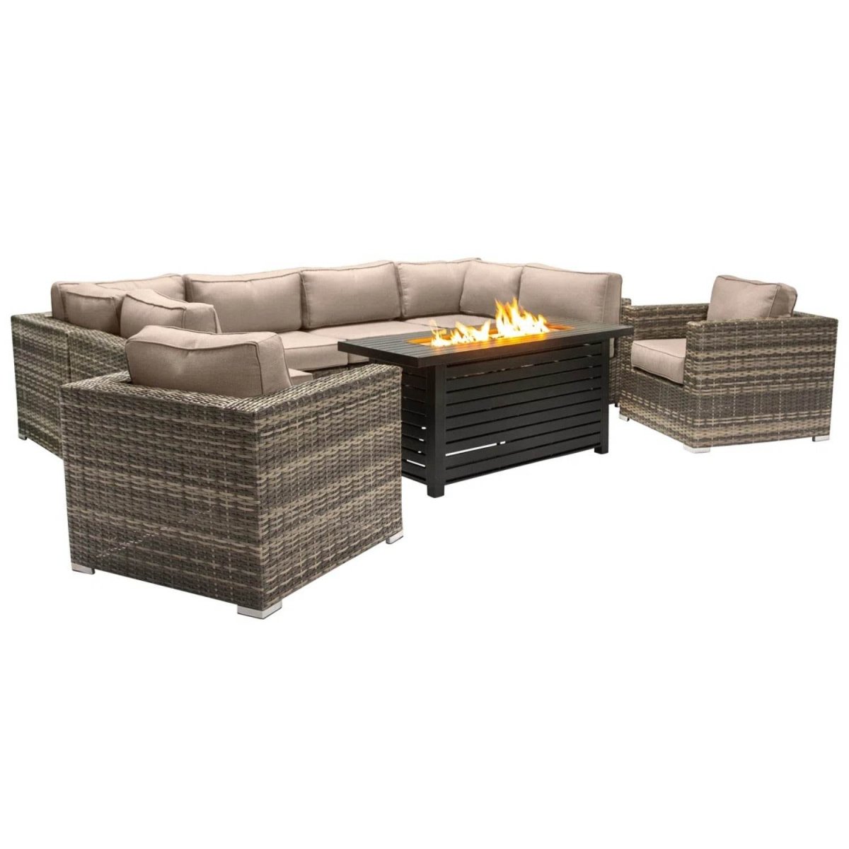 9 - Piece Outdoor Wicker Sectional Set With Fire Pit Table - Driftwood - Omega Lifestyles