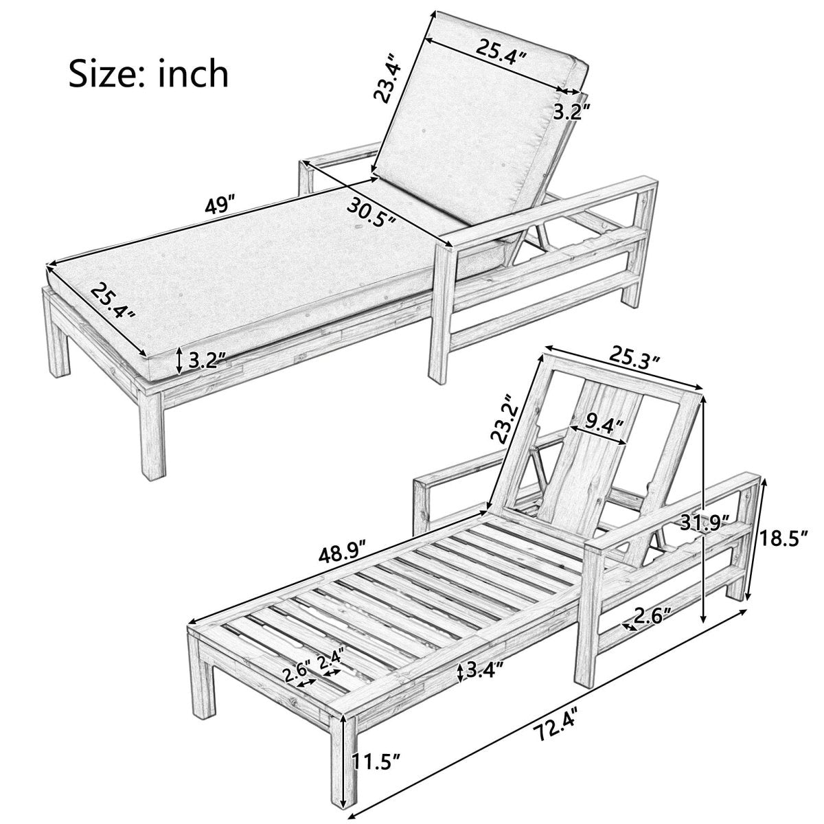 Adjustable Acacia Wood Outdoor Lounge Chair With Foam Cushion - Sleep Galleria