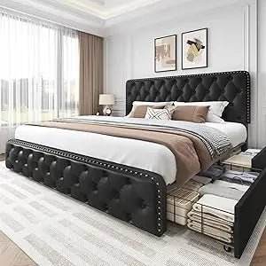 Adjustable Faux Leather Upholstered Metal Bed Frame With Storage - Omega Lifestyles