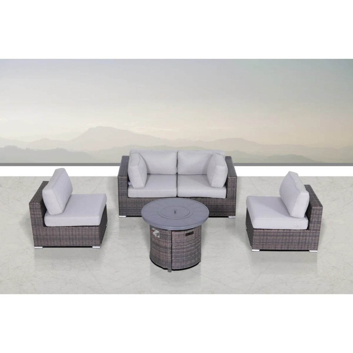 All - Weather 5 - Piece Rattan Sectional Lounge Set With Fire Pit - Driftwood - Omega Lifestyles