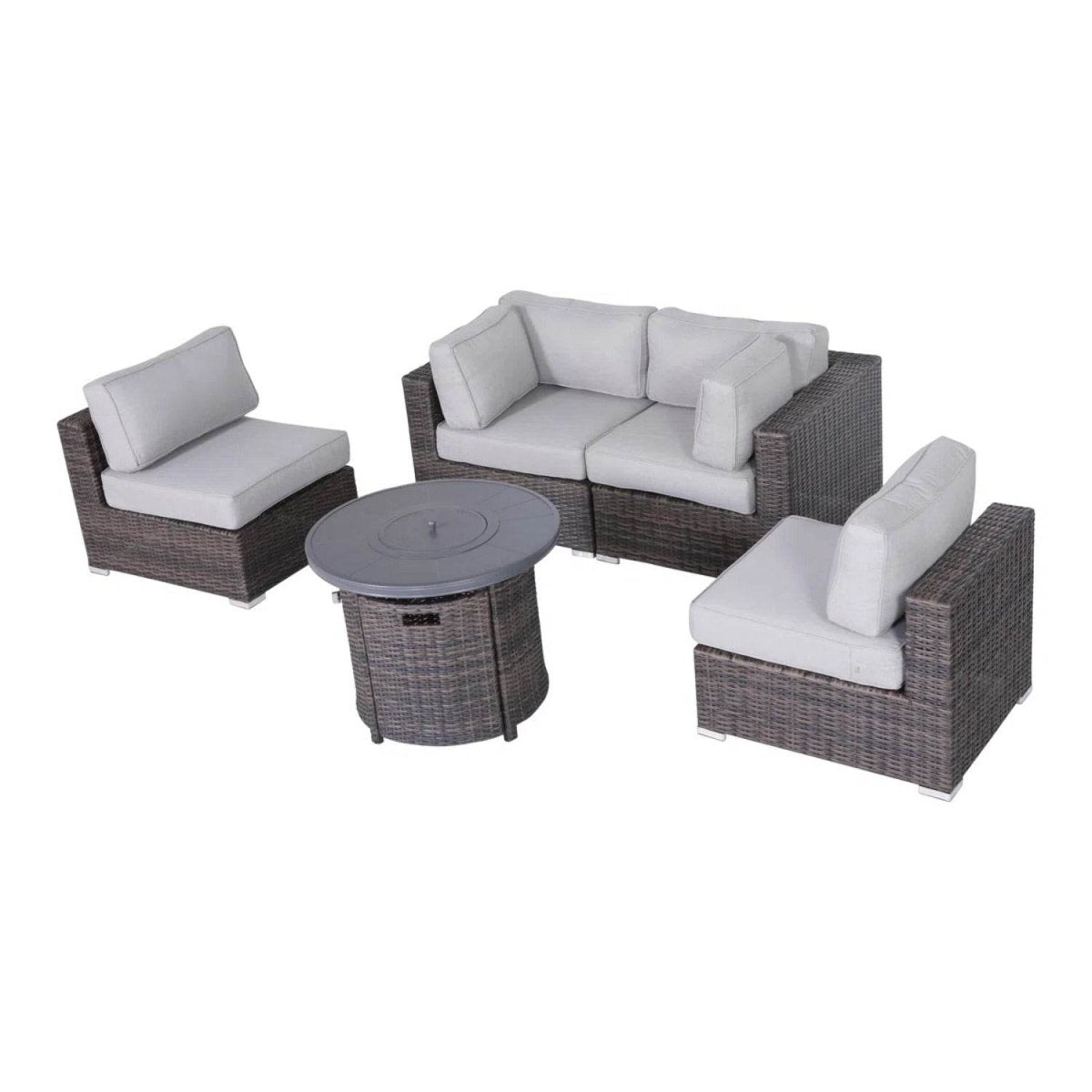 All - Weather 5 - Piece Rattan Sectional Lounge Set With Fire Pit - Driftwood - Omega Lifestyles