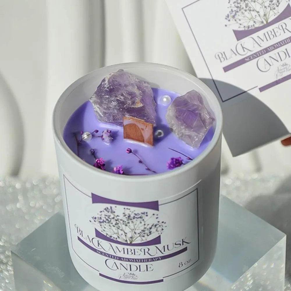 Amber Scented Soy Wax Candle With Healing Crystals - Omega Lifestyles