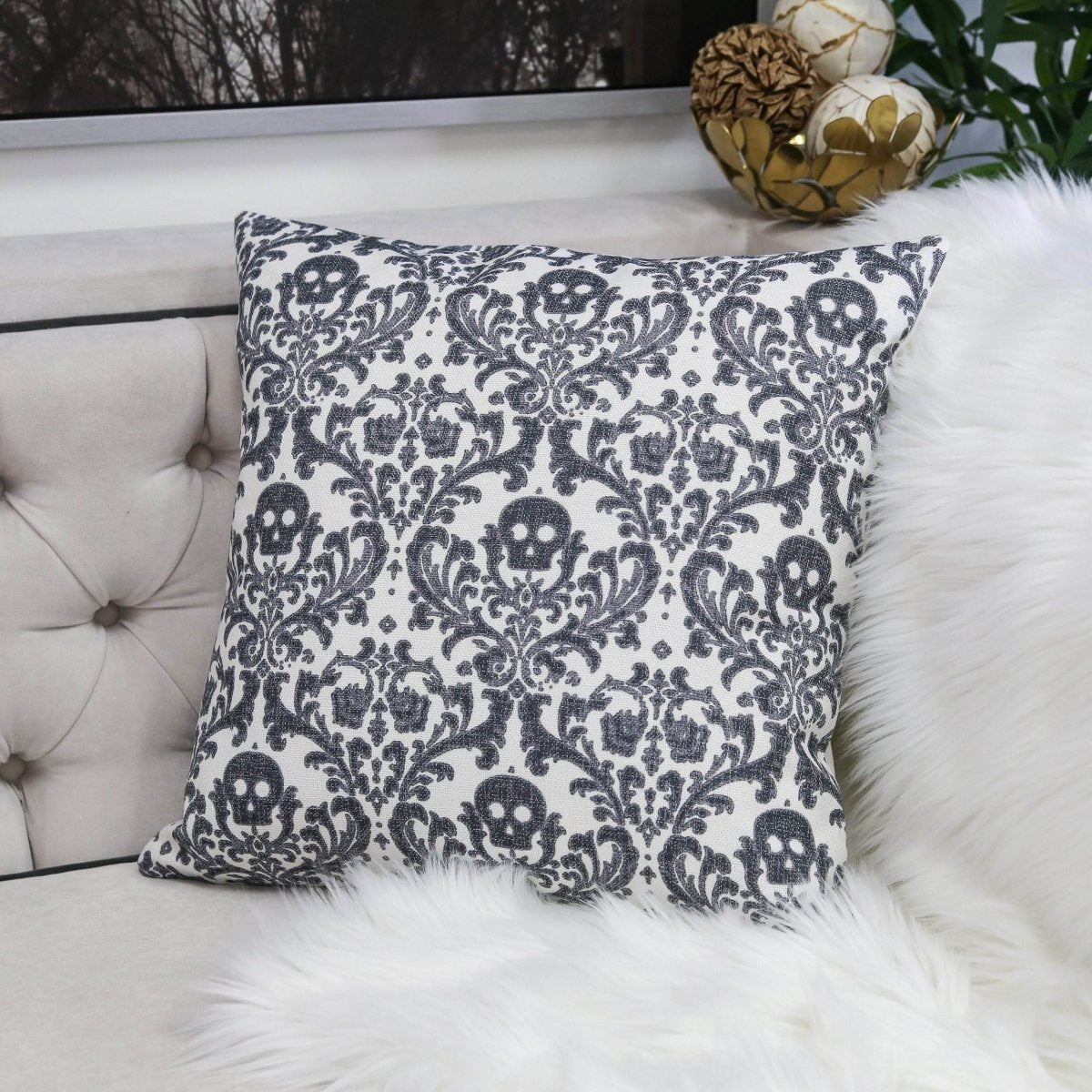 Baroque Skull 20x20 Inch Polyester Throw Pillow - Driftwood - Omega Lifestyles