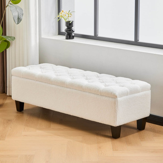 Beige Boucle Storage Ottoman Bench With Foam Cushion - Omega Lifestyles
