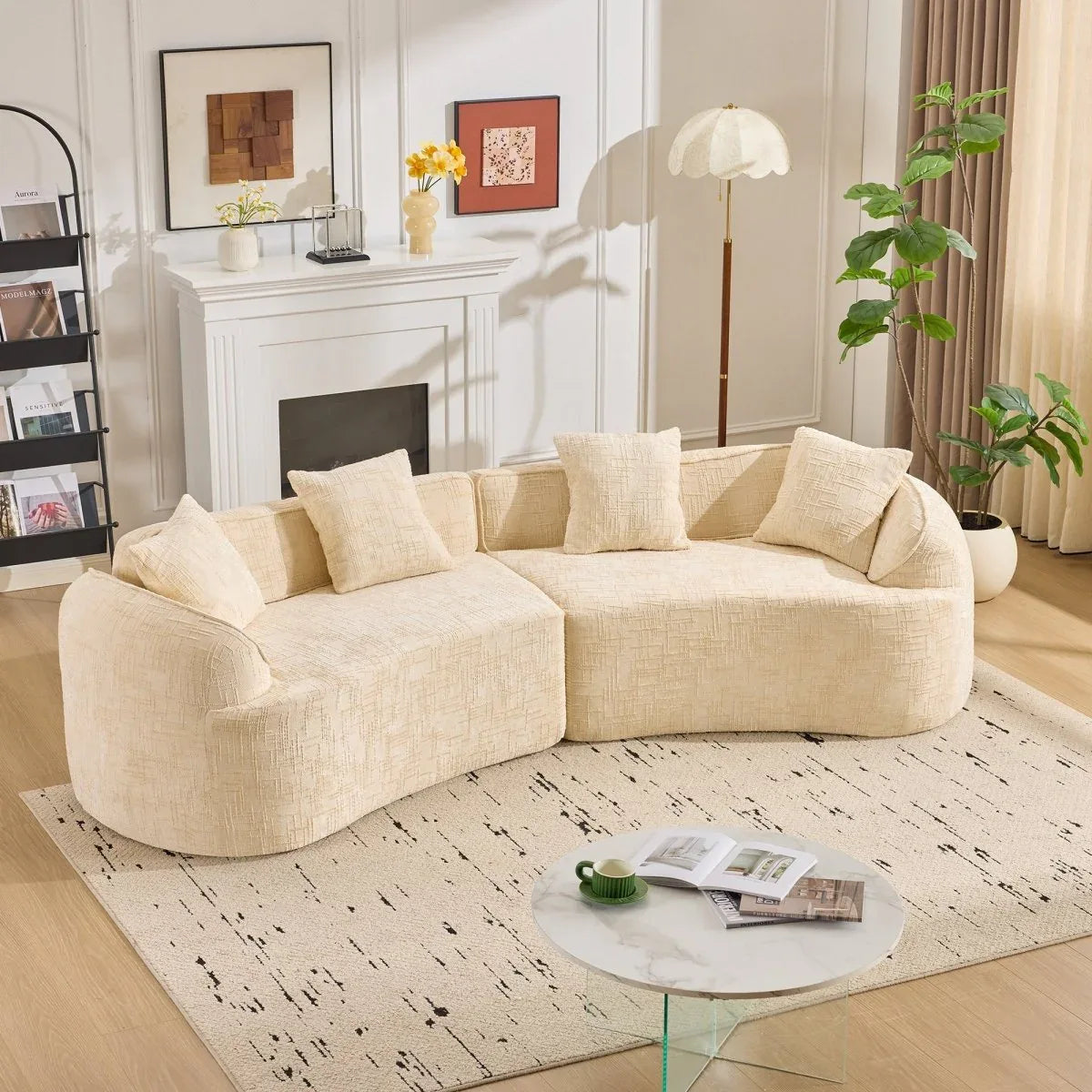 Beige Curved Medium-Soft Chenille 4-Seat Sofa - Omega Lifestyles
