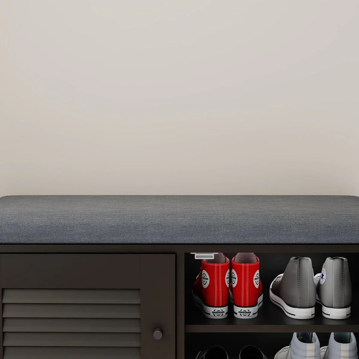 Black Shoe Storage Bench With Cushion And Adjustable Shelves - Omega Lifestyles
