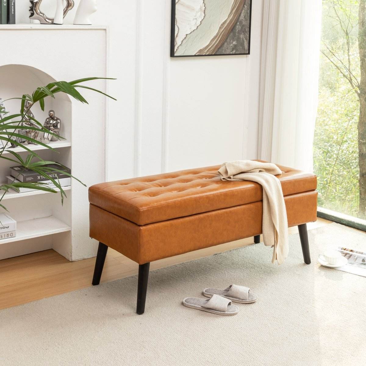 Brown PU Leather Storage Ottoman Bench With Storage - Sleep Galleria