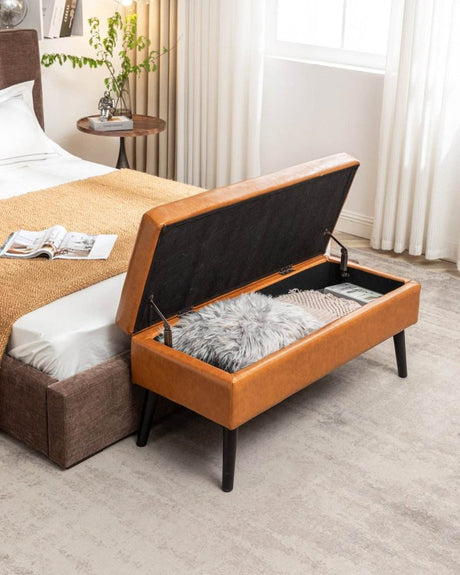 Brown PU Leather Storage Ottoman Bench With Storage - Sleep Galleria