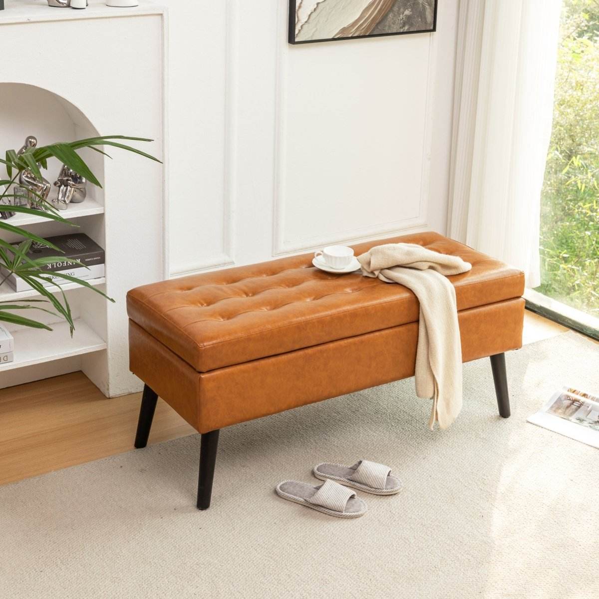 Brown PU Leather Storage Ottoman Bench With Storage - Sleep Galleria