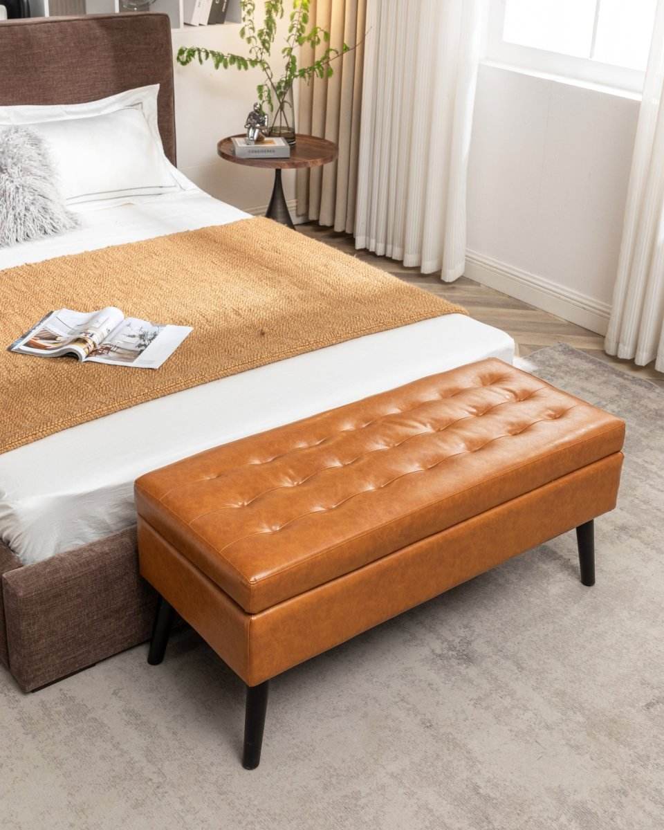 Brown PU Leather Storage Ottoman Bench With Storage - Sleep Galleria