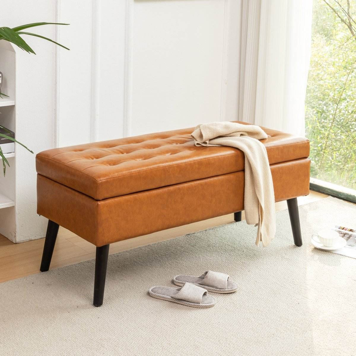 Brown PU Leather Storage Ottoman Bench With Storage - Sleep Galleria
