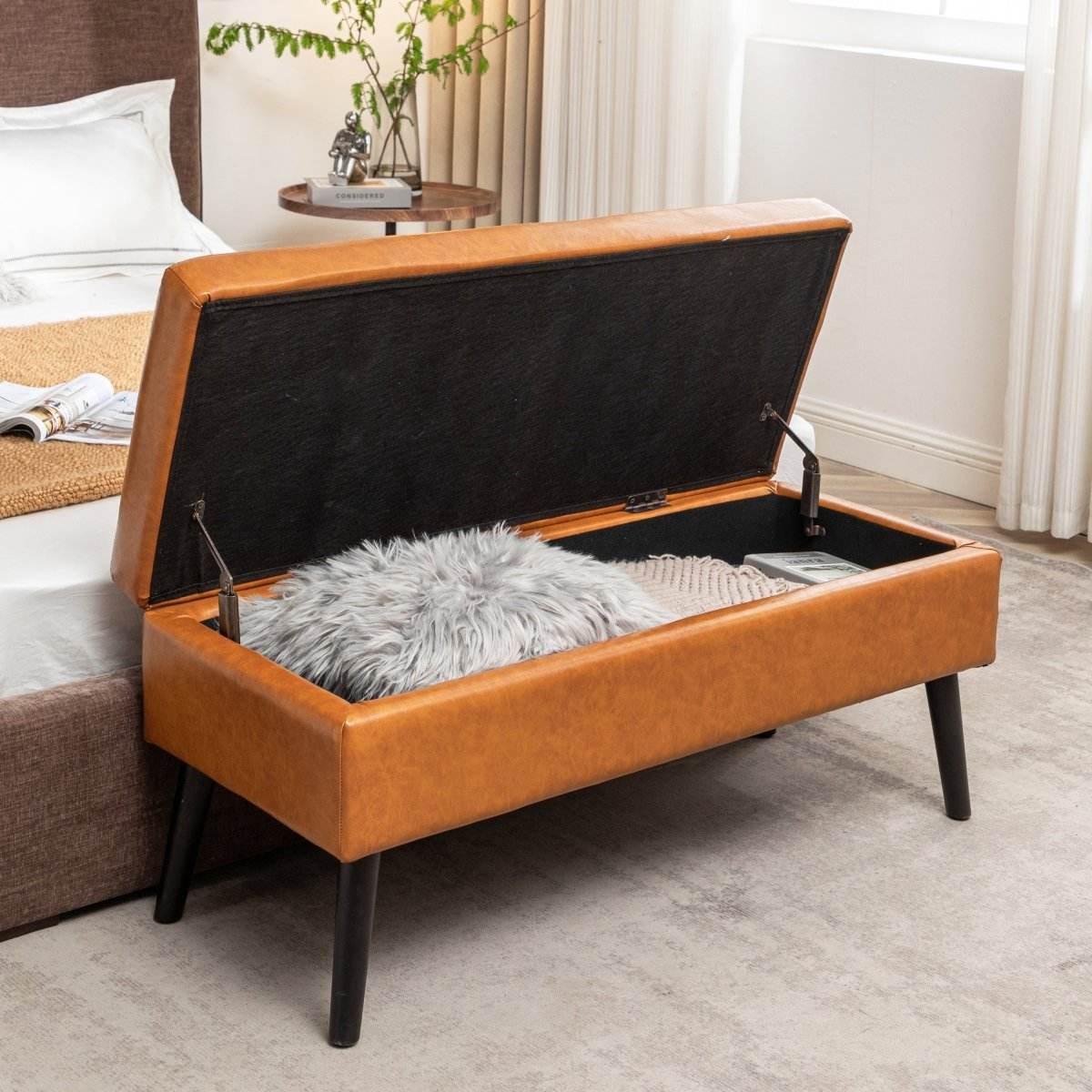 Brown PU Leather Storage Ottoman Bench With Storage - Sleep Galleria