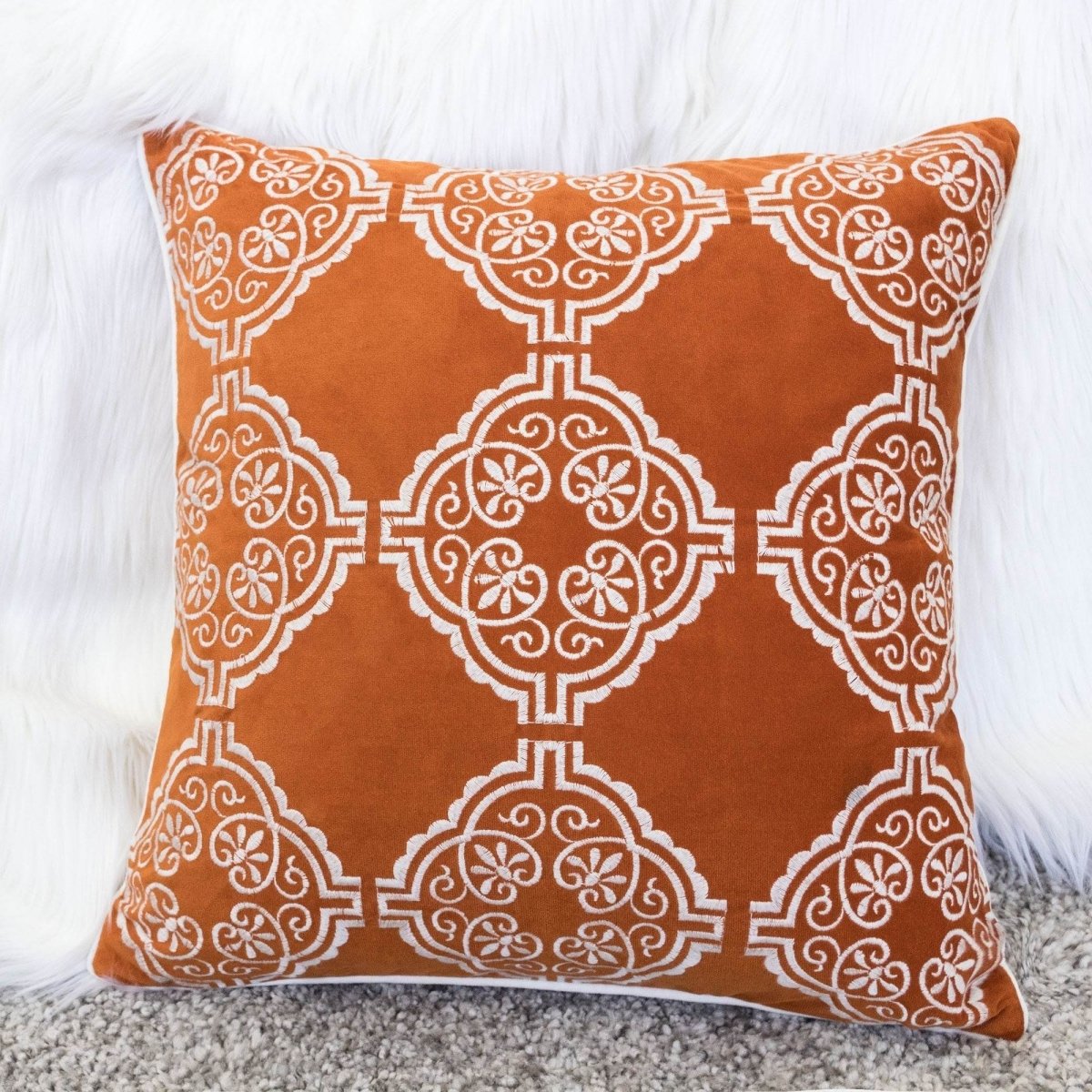 Burnt Orange Damask Embroidered 20x20 Inch Throw Pillow - Driftwood - Omega Lifestyles