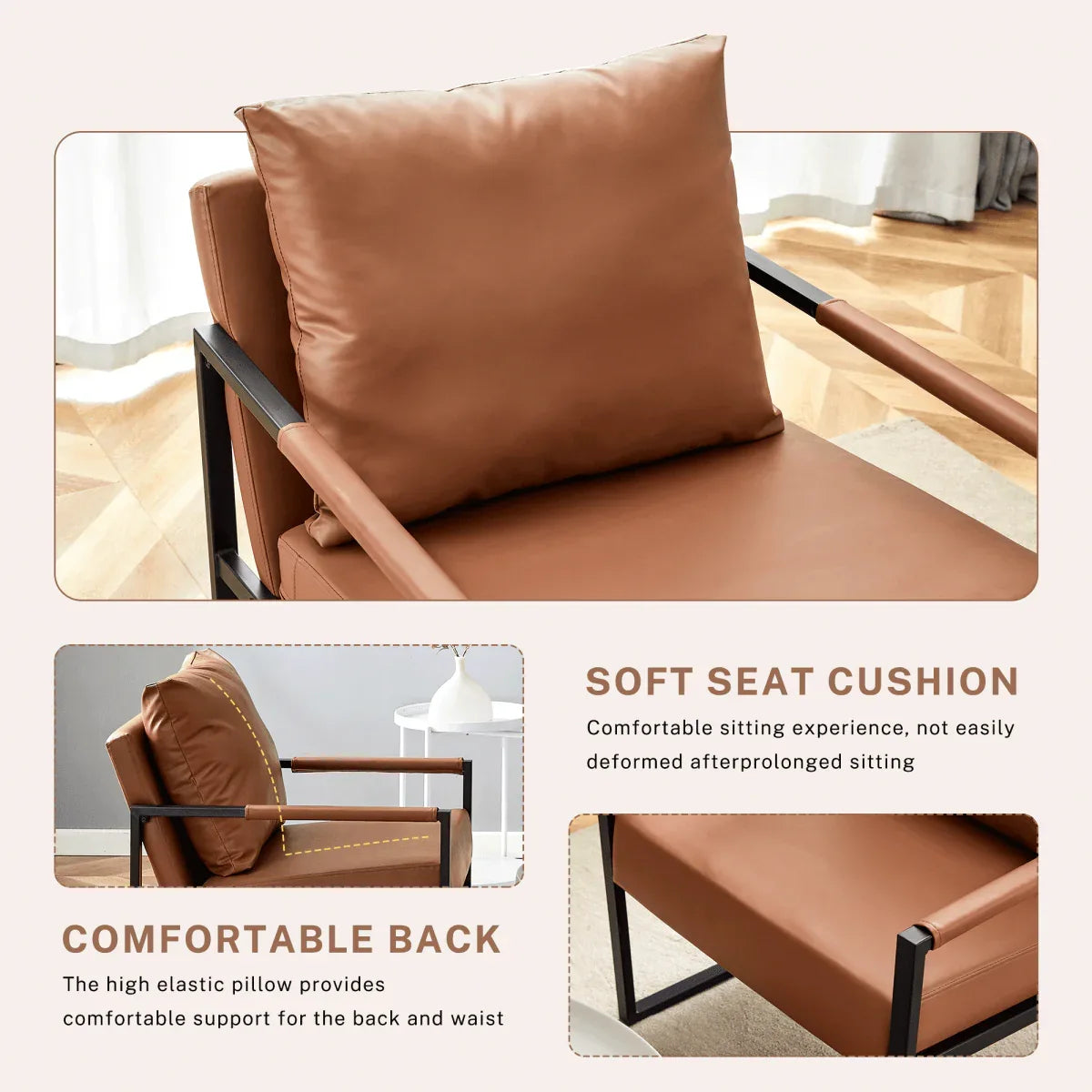 Classic Brown PU Leather Metal Frame Ergonomic Chair - Omega Lifestyles