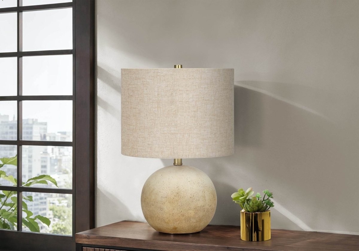 Concrete Base Beige Linen Drum Shade Table Lamp - Sleep Galleria