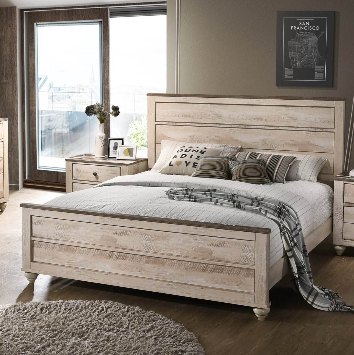 Contemporary Wood 4-Piece Queen Bedroom Set With Distressed Finish - Sleep Galleria