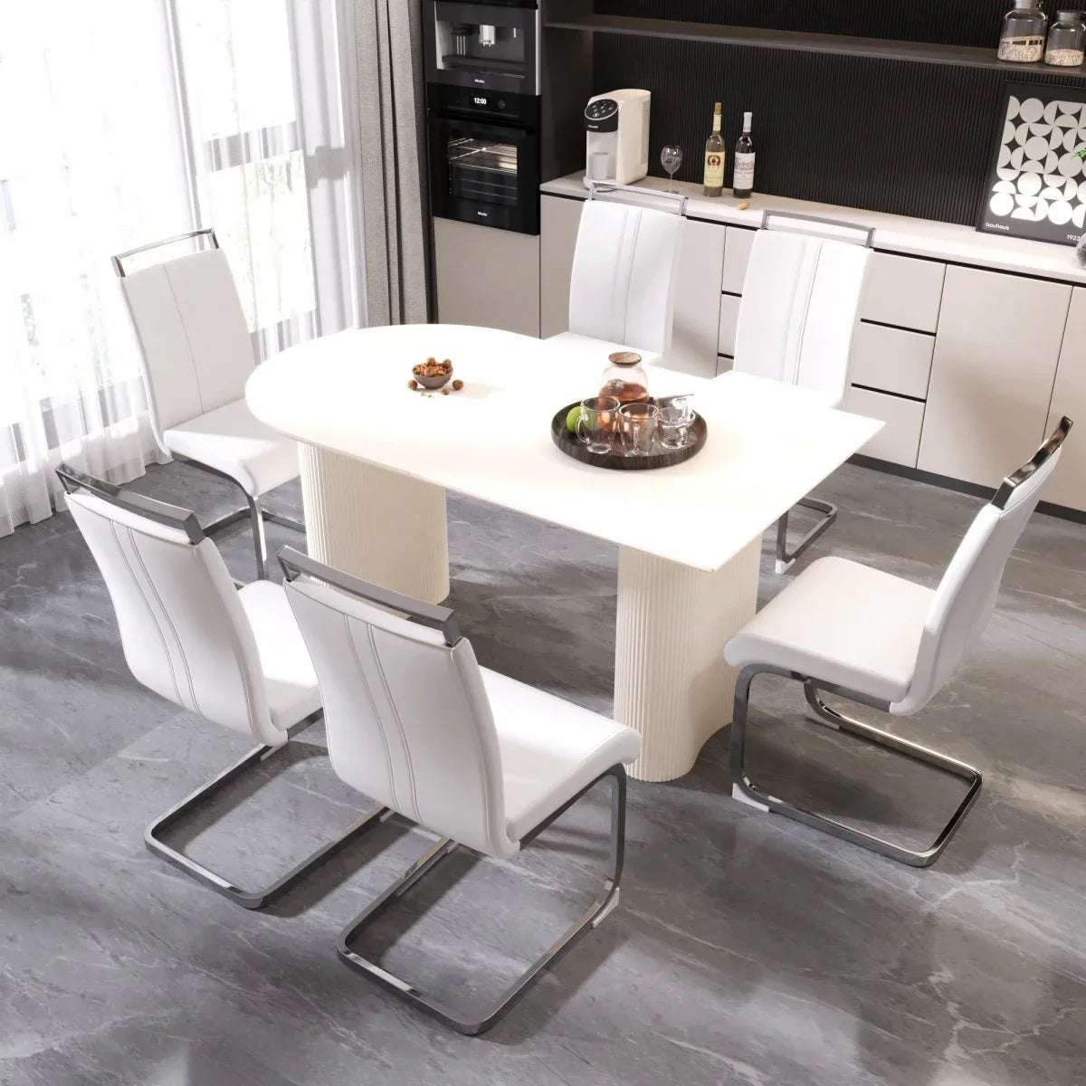 Cream MDF Modern 7-Piece Dining Table And Chair Set - Omega Lifestyles