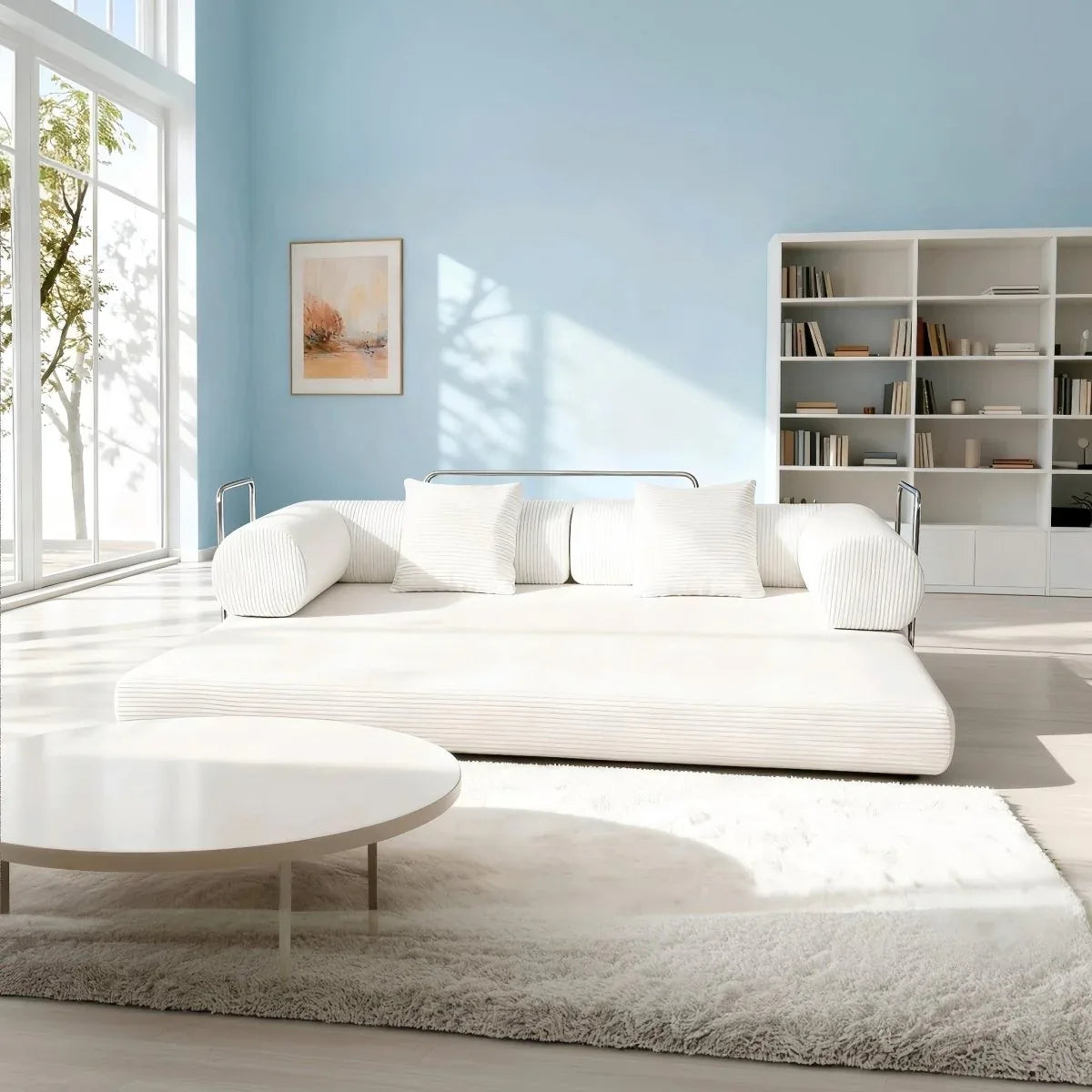 Cream Upholstered Folding Sofa Bed With Pillows - Omega Lifestyles