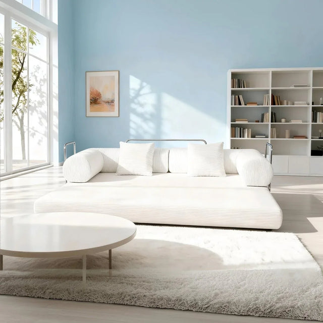 Cream Upholstered Folding Sofa Bed With Pillows - Omega Lifestyles