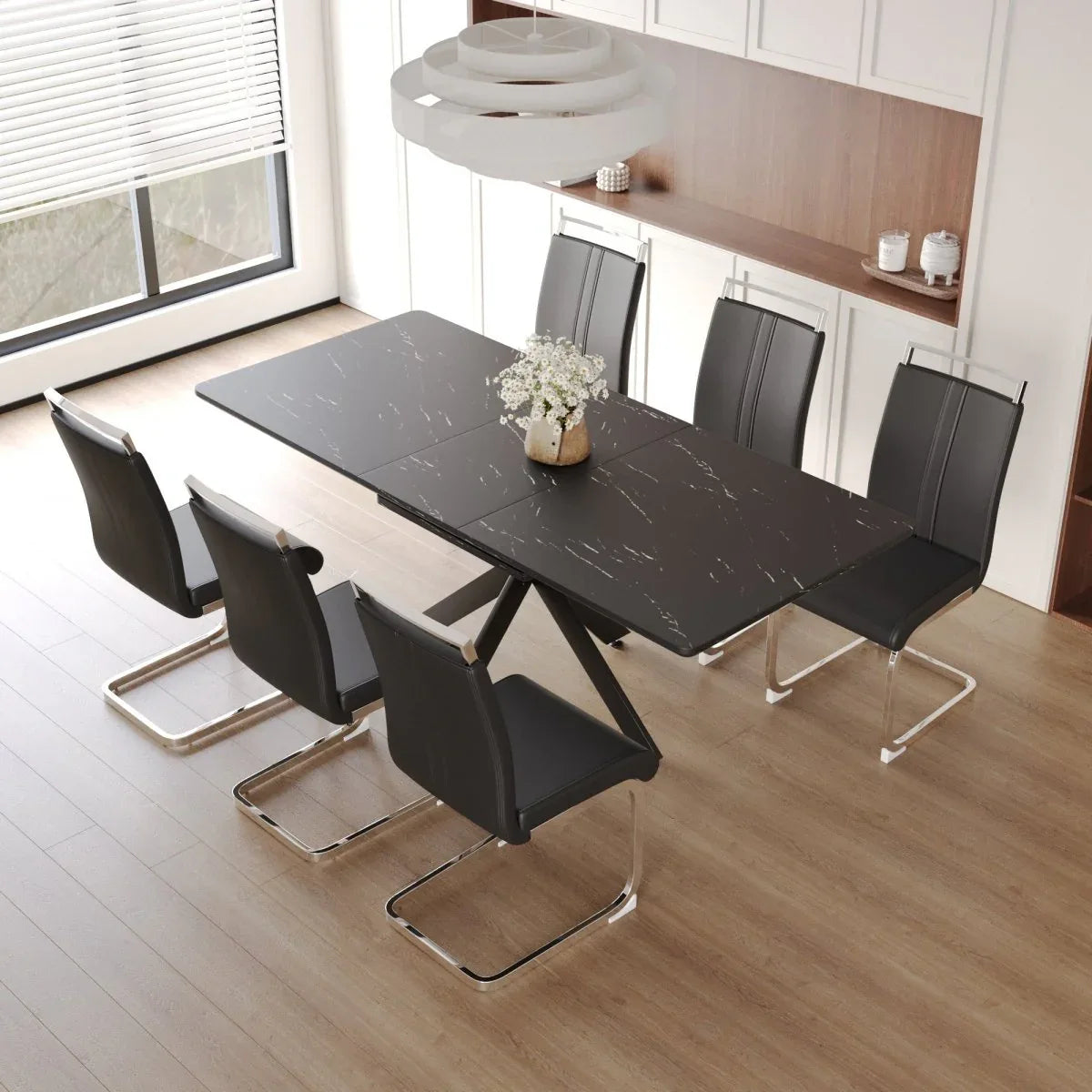 Expandable MDF Dining Table Set With Six Cushioned Chairs - Omega Lifestyles