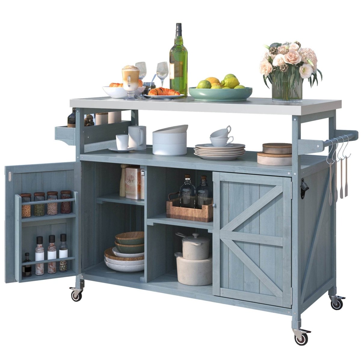Farmhouse Solid Fir Wood Outdoor Kitchen Island Cart - Driftwood - Omega Lifestyles