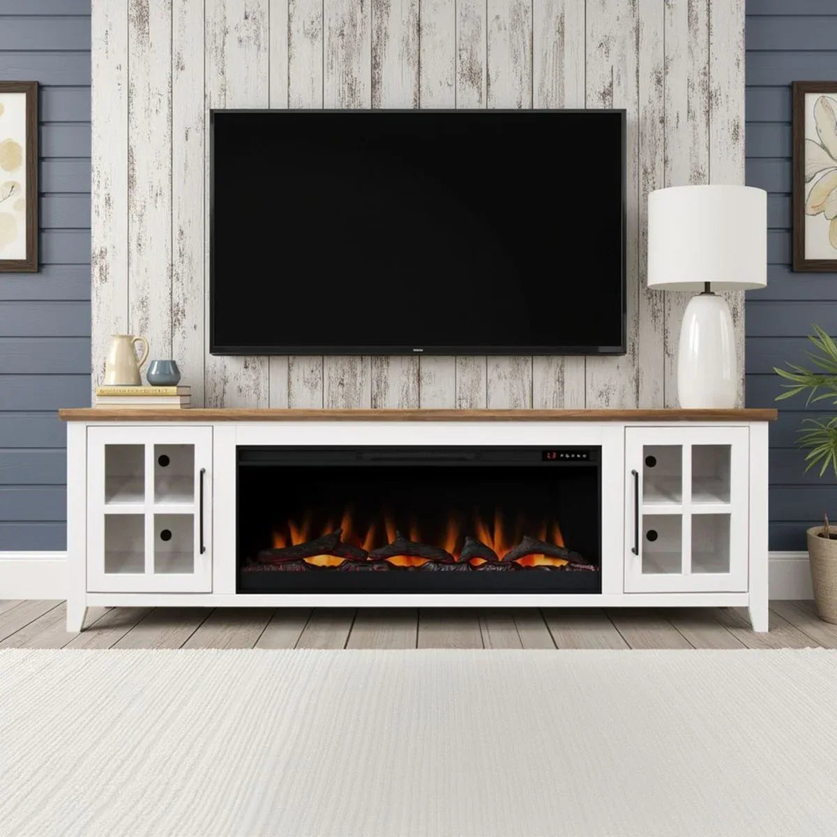Farmhouse Style 83-Inch Fireplace TV Stand White Bourbon - Omega Lifestyles