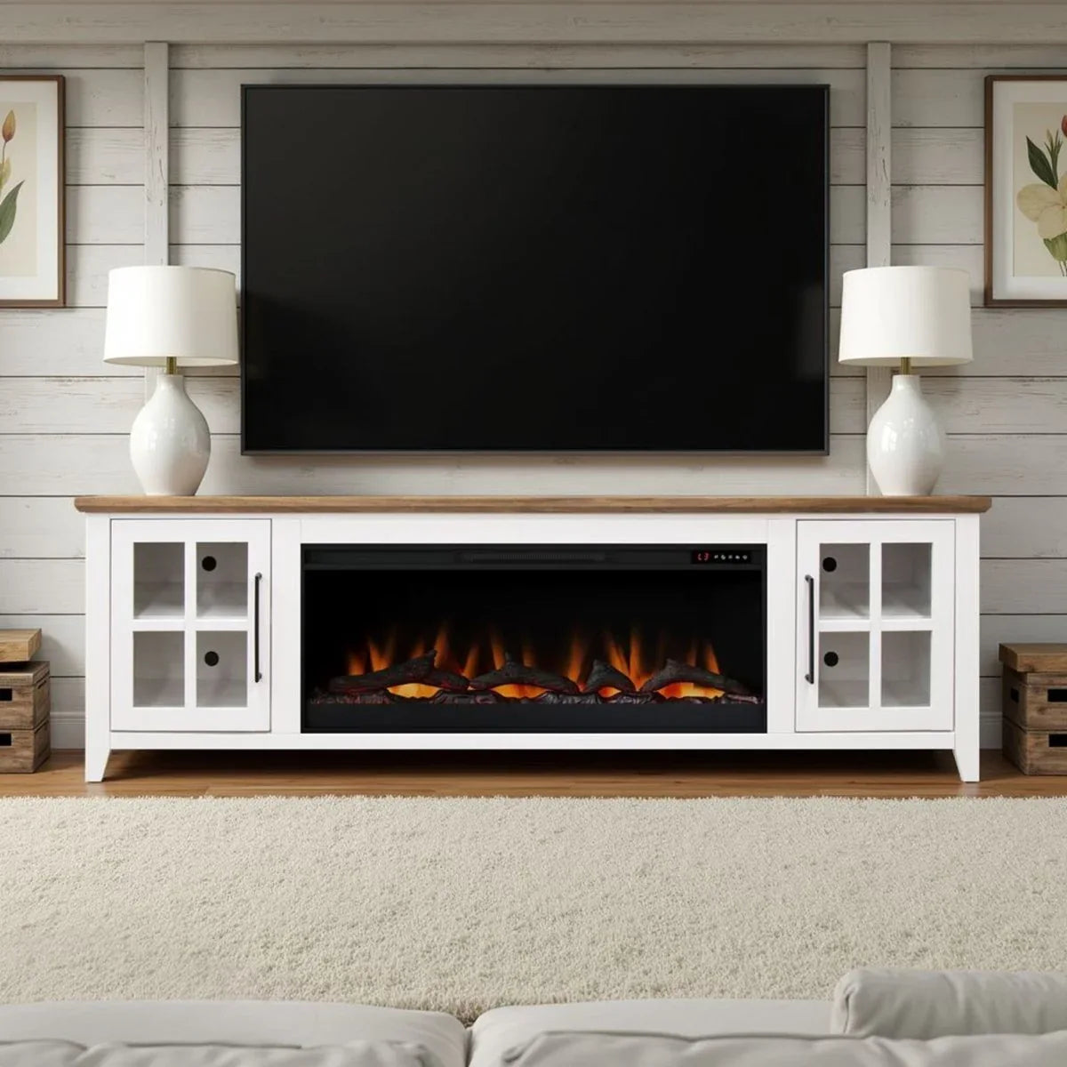Farmhouse Style 83-Inch Fireplace TV Stand White Bourbon - Omega Lifestyles