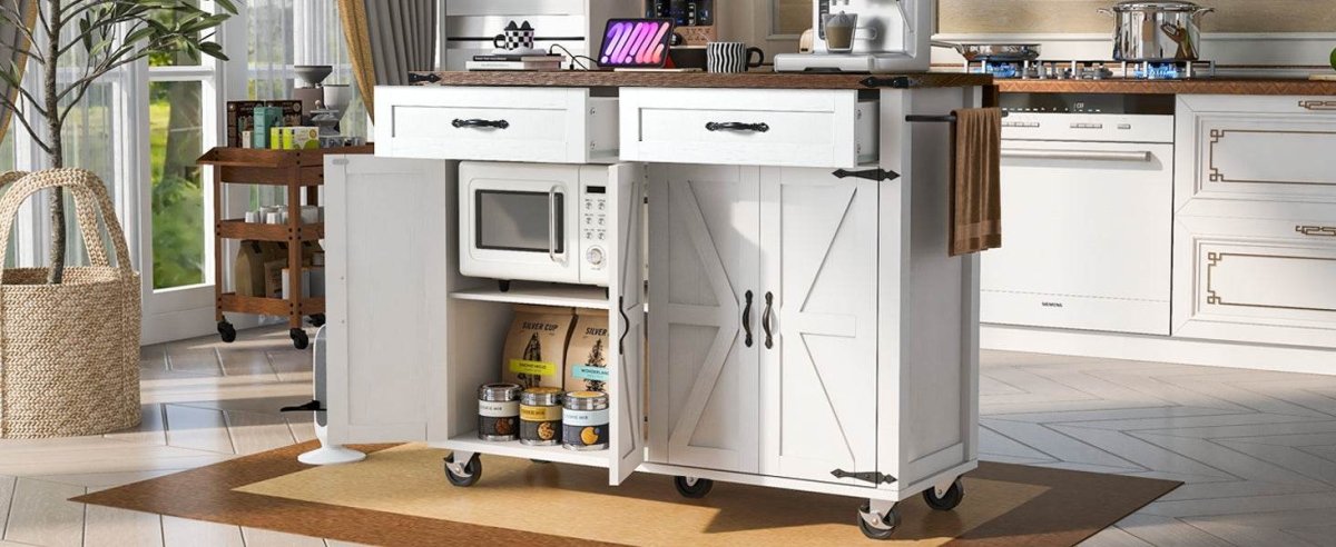 Farmhouse Style Kitchen Island Cart With Power Outlet - Driftwood - Omega Lifestyles