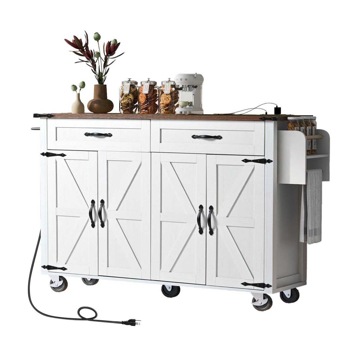 Farmhouse Style Kitchen Island Cart With Power Outlet - Driftwood - Omega Lifestyles