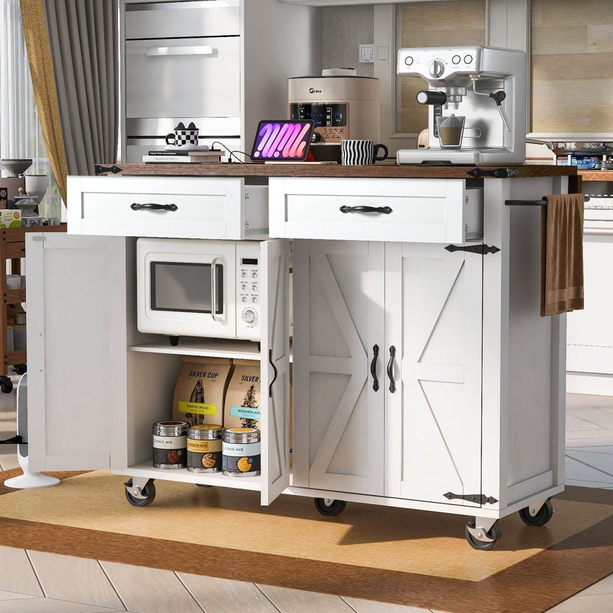 Farmhouse Style Kitchen Island Cart With Power Outlet - Driftwood - Omega Lifestyles