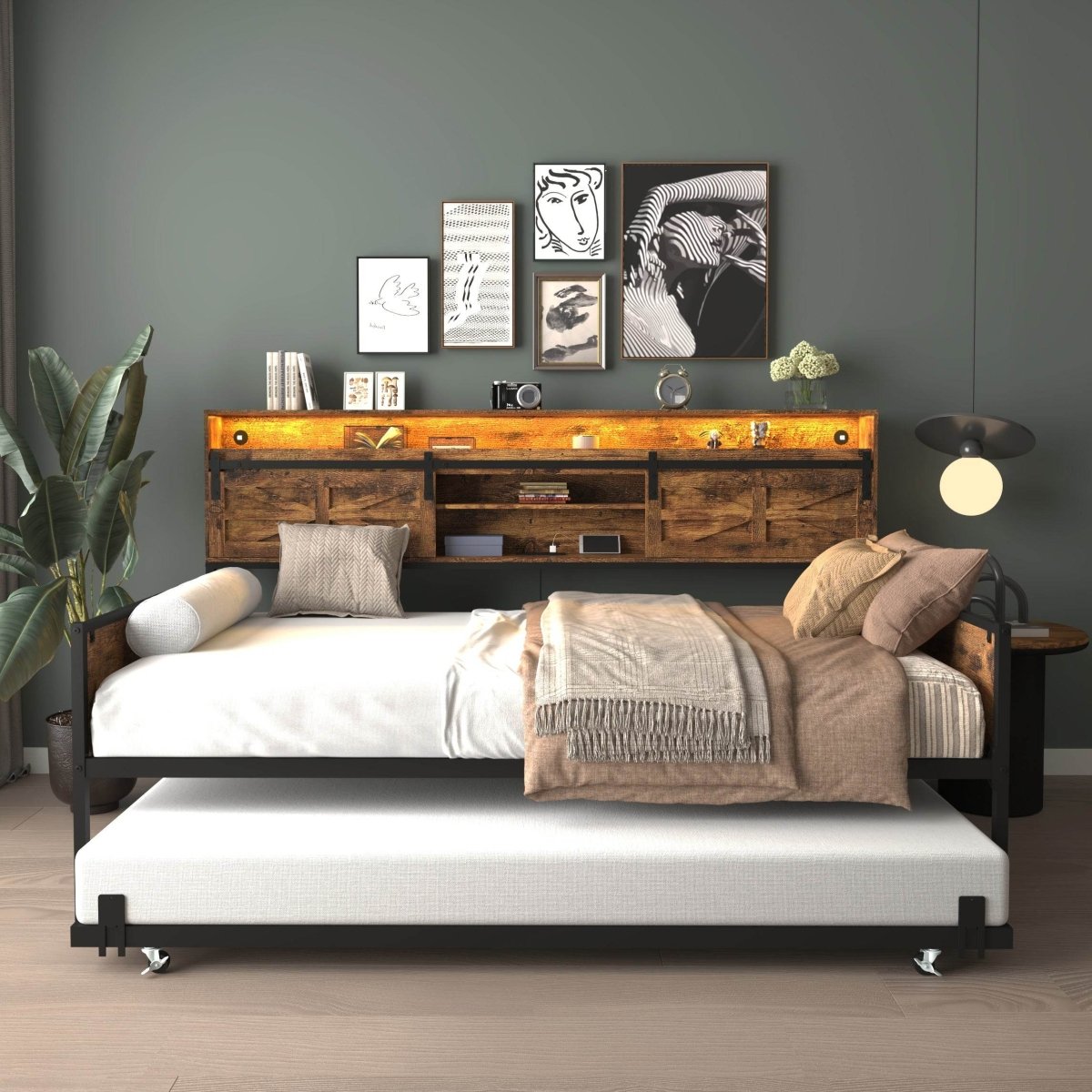 Farmhouse Twin Daybed With Trundle Charging Station And LED - Driftwood - Omega Lifestyles