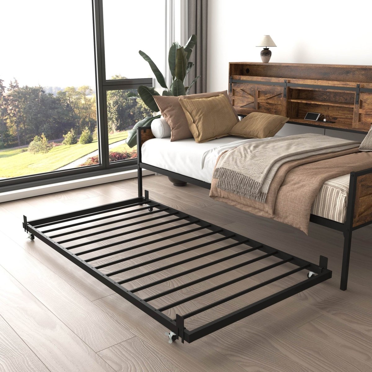 Farmhouse Twin Daybed With Trundle Charging Station And LED - Driftwood - Omega Lifestyles