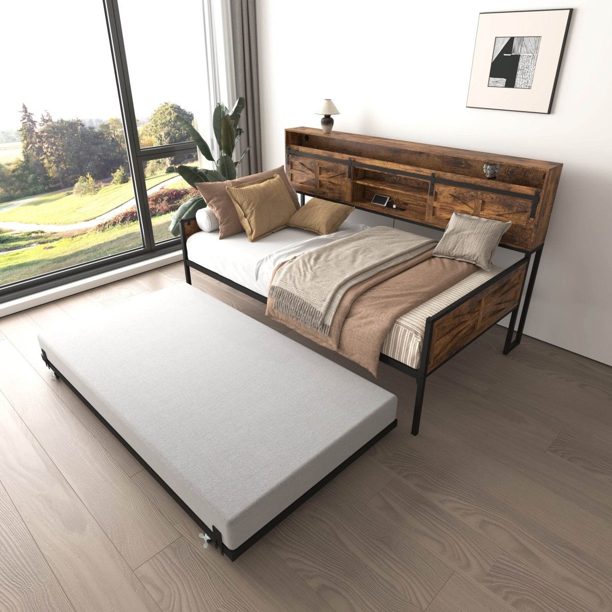 Farmhouse Twin Daybed With Trundle Charging Station And LED - Driftwood - Omega Lifestyles