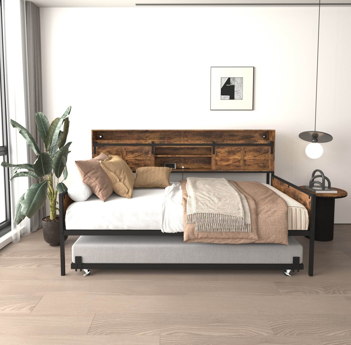 Farmhouse Twin Daybed With Trundle Charging Station And LED - Driftwood - Omega Lifestyles