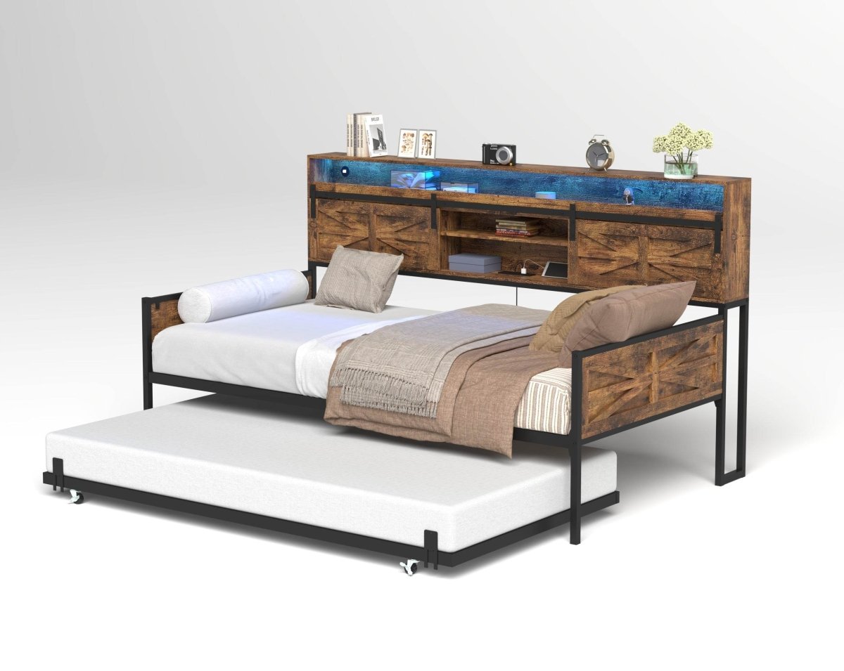 Farmhouse Twin Daybed With Trundle Charging Station And LED - Driftwood - Omega Lifestyles