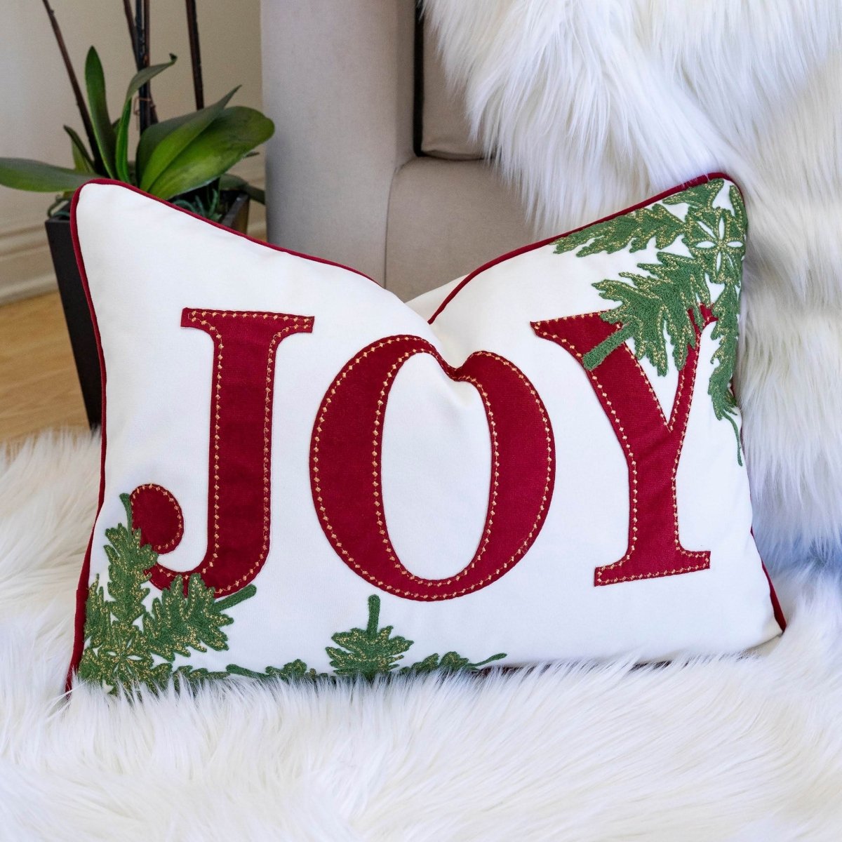 Festive Embroidered JOY Velvet Lumbar Throw Pillow 14x20 Inch - Driftwood - Omega Lifestyles