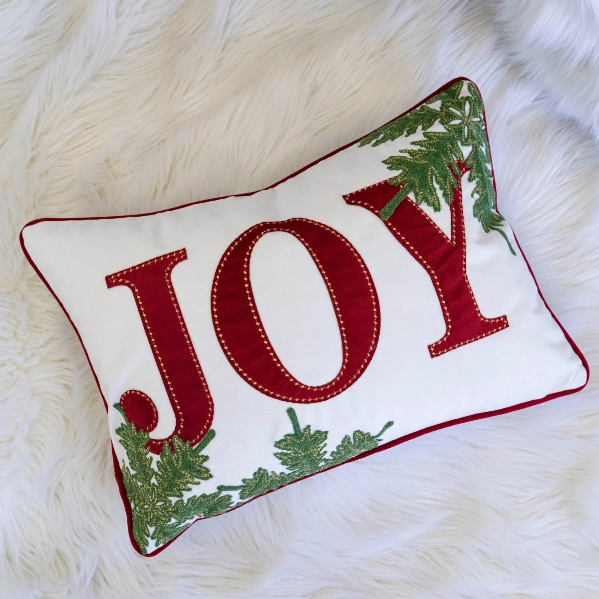 Festive Embroidered JOY Velvet Lumbar Throw Pillow 14x20 Inch - Driftwood - Omega Lifestyles