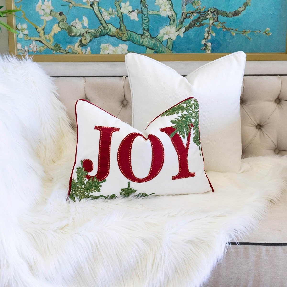 Festive Embroidered JOY Velvet Lumbar Throw Pillow 14x20 Inch - Driftwood - Omega Lifestyles