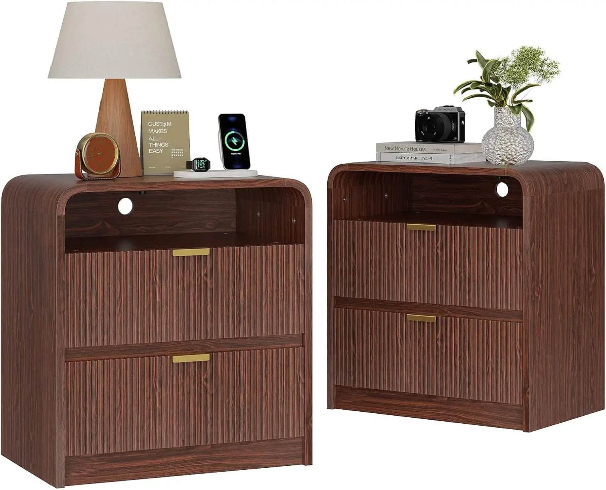 Fluted Modern Nightstand With Charging Station - Omega Lifestyles