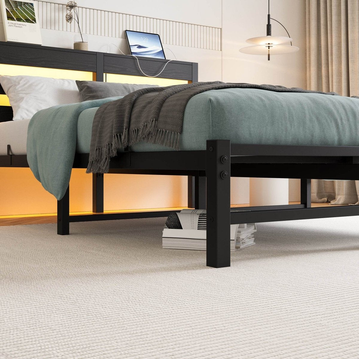 Full Full Size Metal Bed Frame With RGB LED Lights Charging - Driftwood - Omega Lifestyles