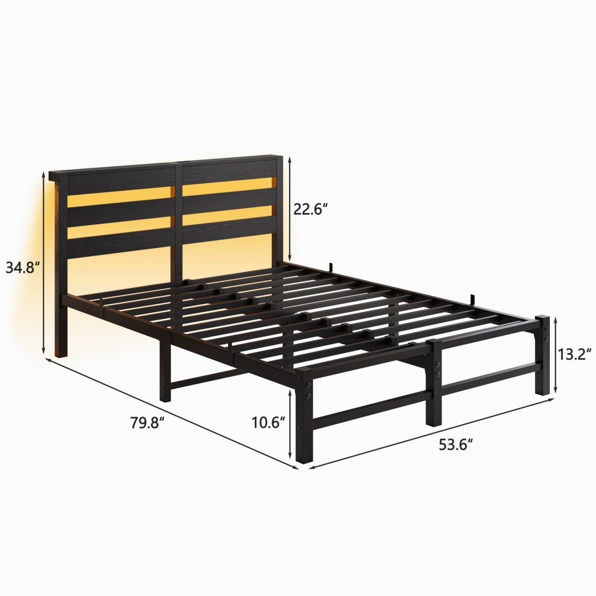 Full Full Size Metal Bed Frame With RGB LED Lights Charging - Driftwood - Omega Lifestyles