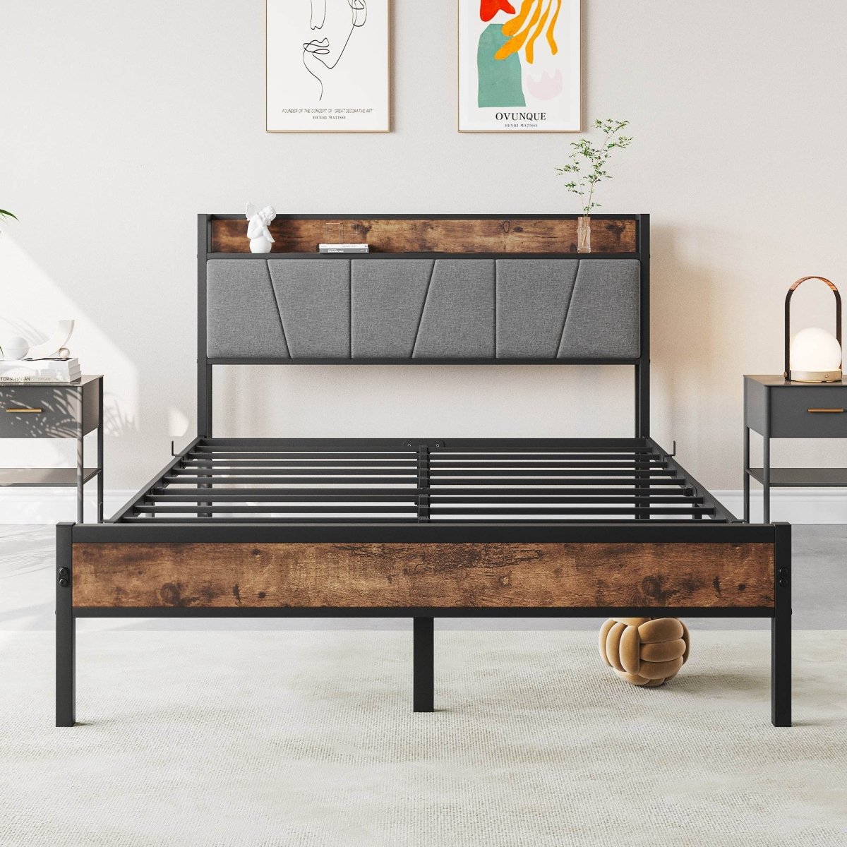 Full Metal And Wood Full Bed Frame With Charging Station - Driftwood - Omega Lifestyles