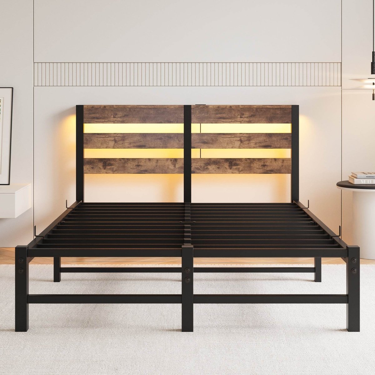 Full Metal And Wood Full Bed Frame With RGB Lights - Driftwood - Omega Lifestyles