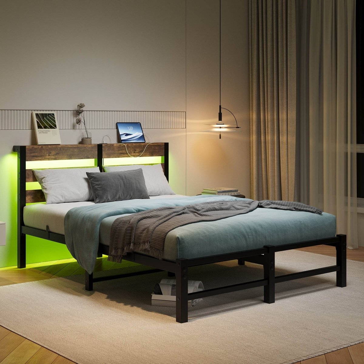 Full Metal And Wood Full Bed Frame With RGB Lights - Driftwood - Omega Lifestyles