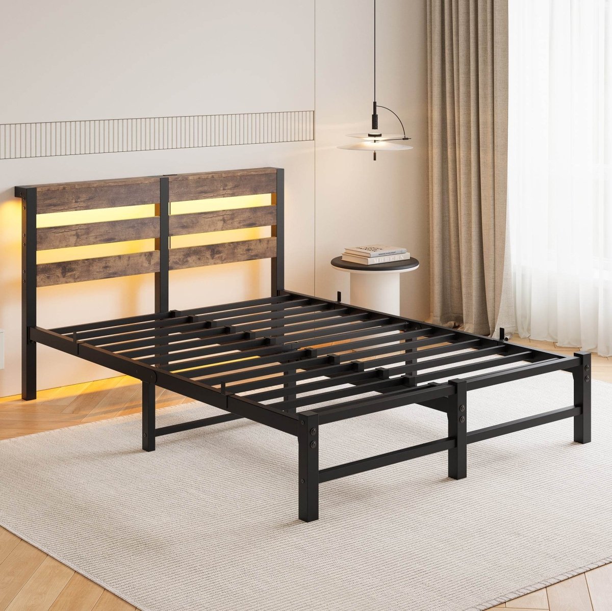 Full Metal And Wood Full Bed Frame With RGB Lights - Driftwood - Omega Lifestyles