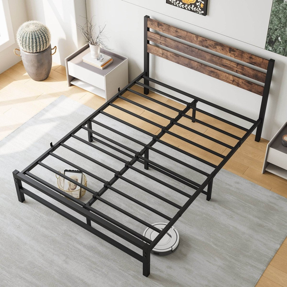 Full Metal And Wood Full Size Platform Bed Frame - Driftwood - Omega Lifestyles