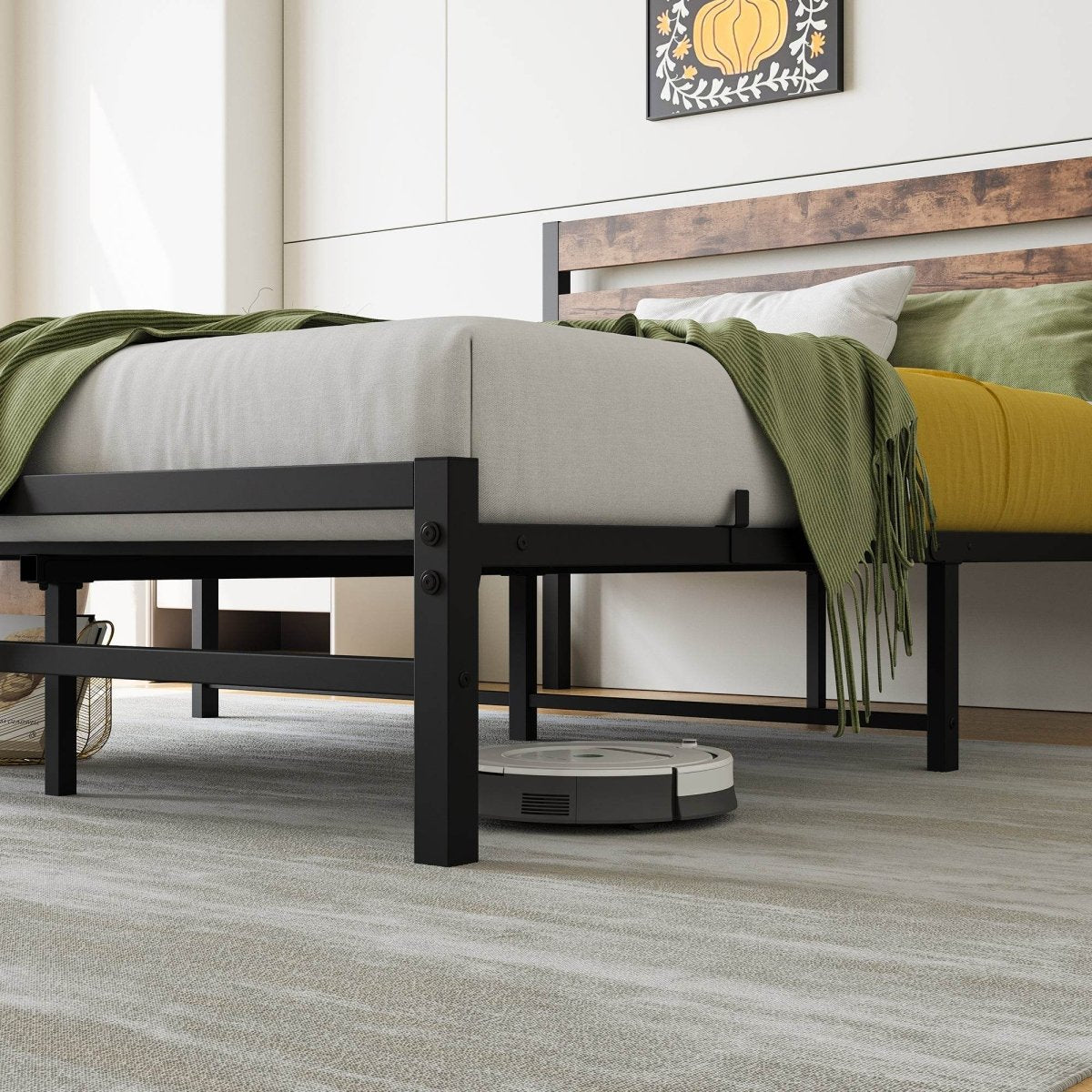 Full Metal And Wood Full Size Platform Bed Frame - Driftwood - Omega Lifestyles