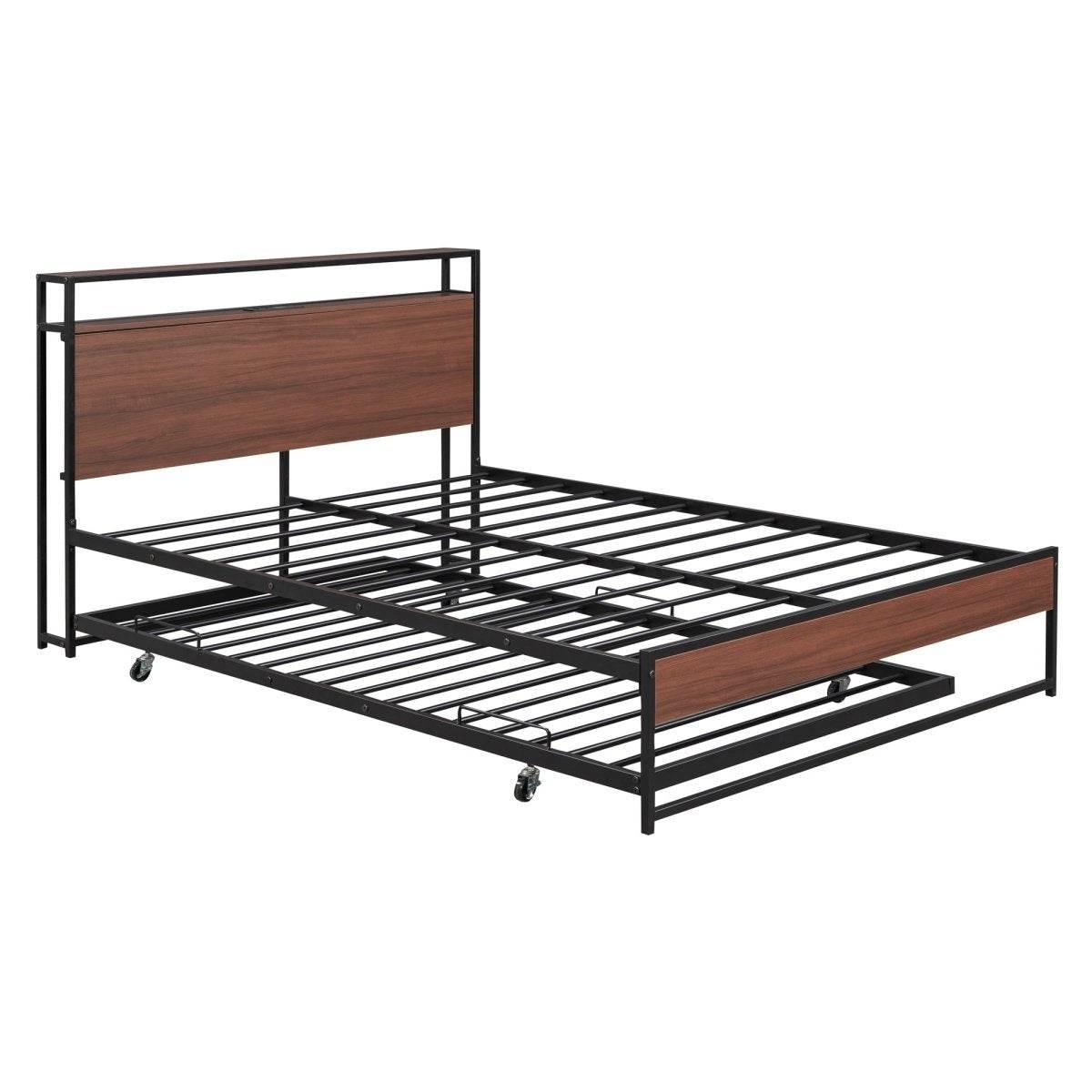 Full Metal Platform Bed Frame With Trundle USB Ports - Sleep Galleria